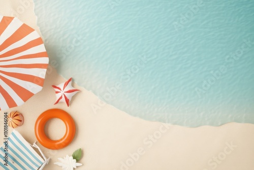 Bright beach accessories on sandy shore ready for summer relaxation and fun