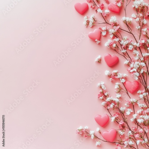 Colorful heart shapes and flowers on a pink background for decorative purposes
