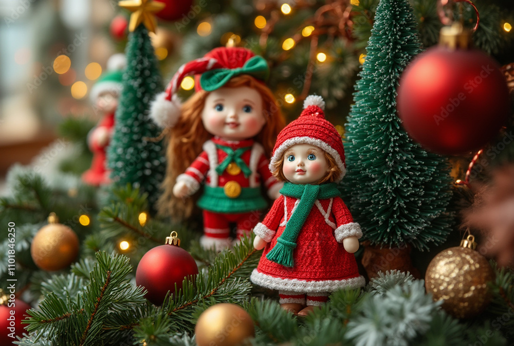 Whimsical Christmas Toy Display with Festive Ornaments Whimsical Christmas Toy Display with Festive Ornaments