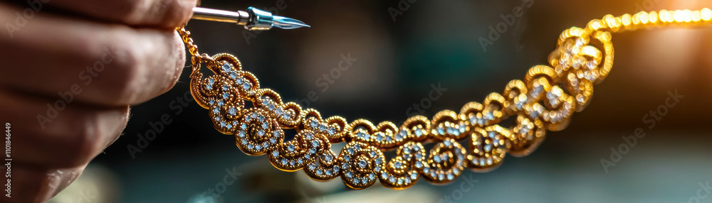 Handmade Jewelry Workshop Closeup Concept. Hand crafting an intricate gold jewelry piece with sparkling gemstones. Handmade Jewelry Workshop Closeup Concept. Hand crafting an intricate gold jewelry piece with sparkling gemstones.