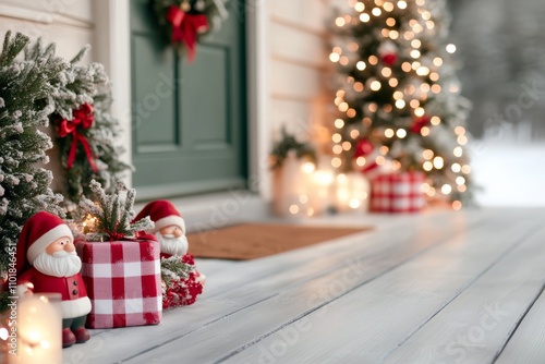 Festive holiday decorations illuminate a cozy porch during winter