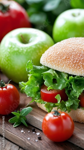 Fresh burger with apples and greens on a wooden surface in a natural setting