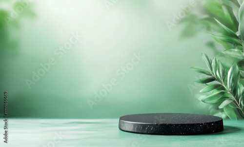 Black round stone on a green surface with soft foliage background in a natura...