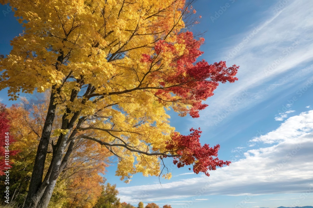 Vibrant Autumn Tree with Red and Yellow Leaves Under a Blue Sky – Nature’s Beauty Captured in Fashion Photography Vibrant Autumn Tree with Red and Yellow Leaves Under a Blue Sky – Nature’s Beauty Captured in Fashion Photography
