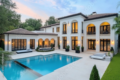 Modern villa with pool and luxury car in a lush garden setting during daytime