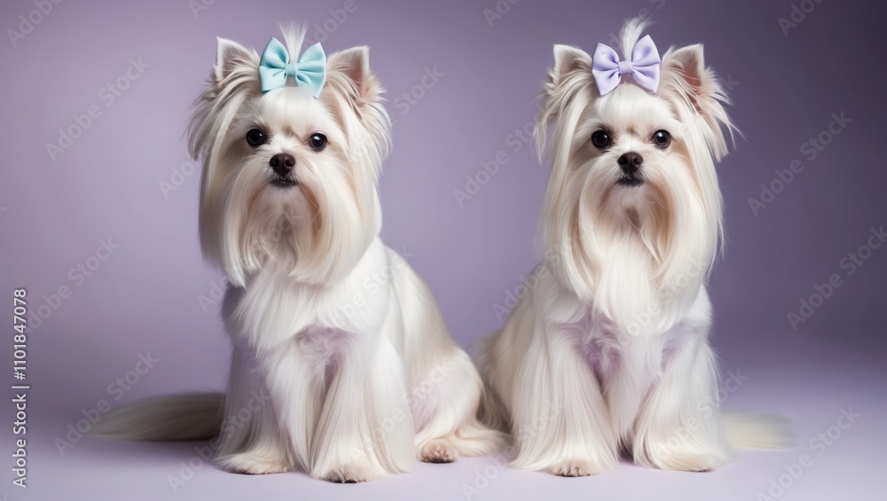 Elegant Maltese Dogs with Fluffy Coats and Colorful Bows Elegant Maltese Dogs with Fluffy Coats and Colorful Bows