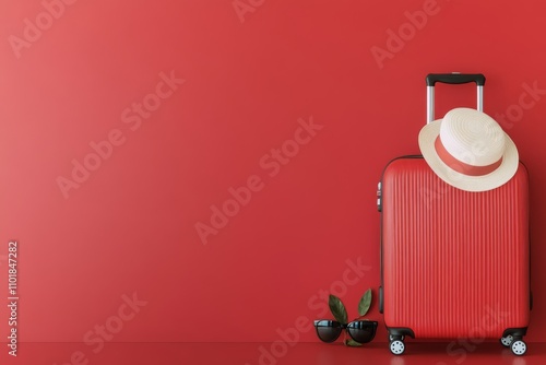 Bright red suitcase with hat and sunglasses against a vibrant wall backdrop