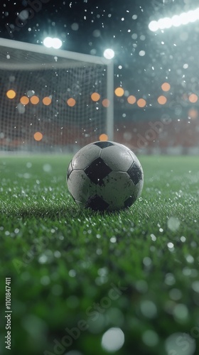 Soccer ball in action during match with rain and lights at night