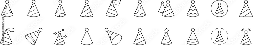 Party Hat Thin Icons Collection. Editable Stroke. Suitable for Web Sites, Books, Cards, Apps Party Hat Thin Icons Collection. Editable Stroke. Suitable for Web Sites, Books, Cards, Apps