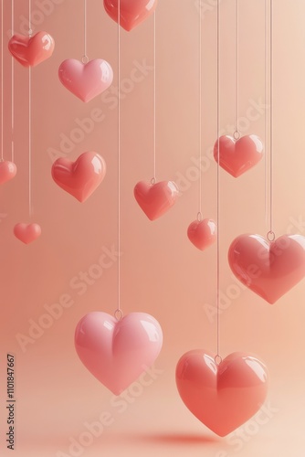 Hanging hearts create a romantic atmosphere in soft pastel tones and warm light