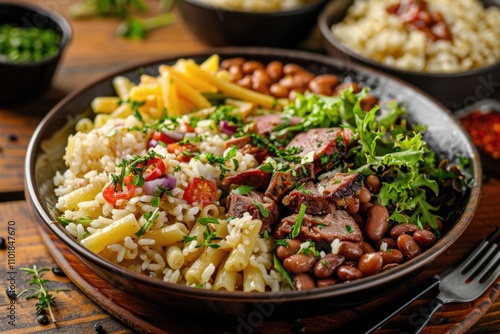 A plate filled with rice, beans, and mixed greens for a healthy meal option