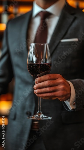 Elegant gentleman in formal attire holding a glass of red wine with soft ligh...
