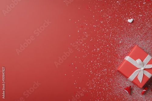 Red gift box with silver ribbon and confetti on festive background for specia...