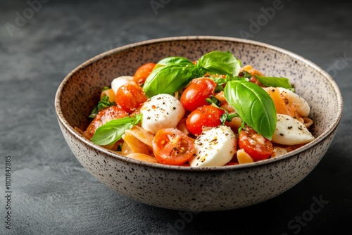 Delicious pasta salad with fresh mozzarella, cherry tomatoes, and basil