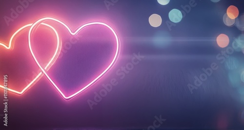 Colorful neon hearts glowing in soft light against a blurred background at night