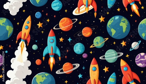 Seamless pattern with colorful spaceships flying near earth and other planets, stars and nebulae, ideal for children's textiles photo