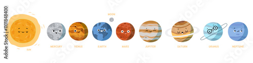 Solar system planets, isolated set of cute characters. Vector in flat style, sun and mercury, venus and earth, moon and mars, jupiter and saturn, neptune and uranus. Learning cosmos for kids