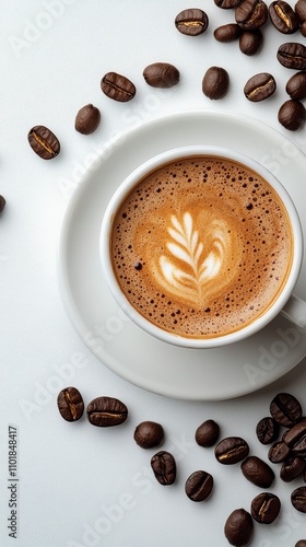 Coffee in a white cup on a plate with coffee beans scattered on a table