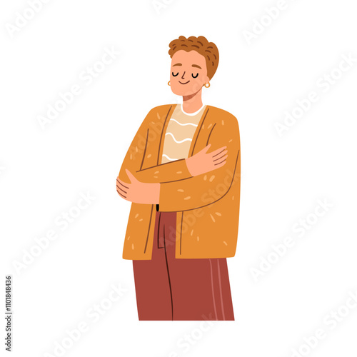 Woman embracing herself, expressing love, care and femininity. Vector isolated female character with closed eyes holding body, confidence boosting and empowering technique for ladies and girls