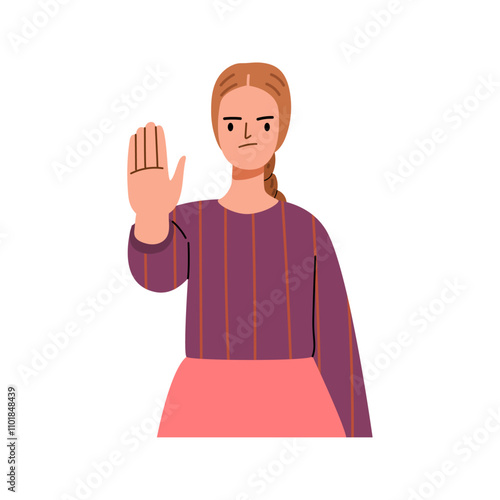 Young woman showing palm as stop sign, stay, hold or rejection hand gesture, flat cartoon character. Emotion and body language concept vector illustration. Protection and reject sign