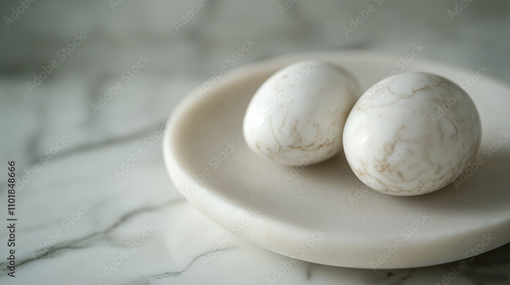 Elegant marble eggs displayed on a circular stone plate in a serene setting Elegant marble eggs displayed on a circular stone plate in a serene setting
