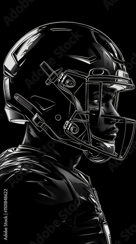 Football player in profile wearing helmet against dark background during a ga...