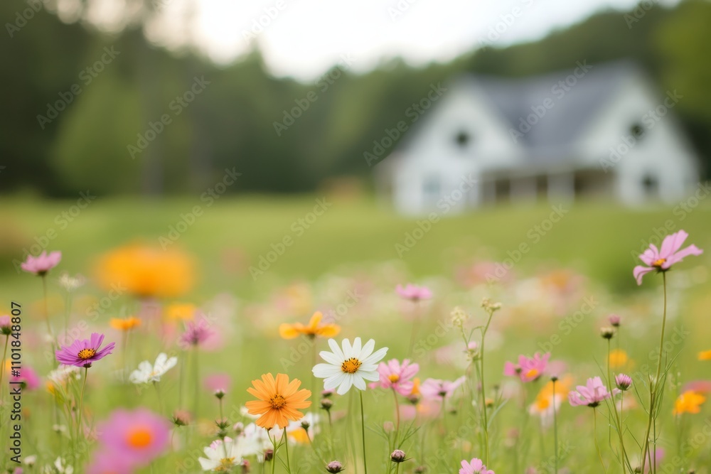 Vibrant wildflowers blooming in a meadow near a rustic wooden cabin on a cloudy day Vibrant wildflowers blooming in a meadow near a rustic wooden cabin on a cloudy day