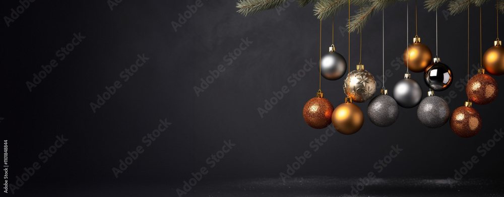 Christmas baubles hanging on a dark background. Beautiful and Elegant Holiday Ornaments are Hanging Gracefully on a Dark Background. Christmas banner with copy space.