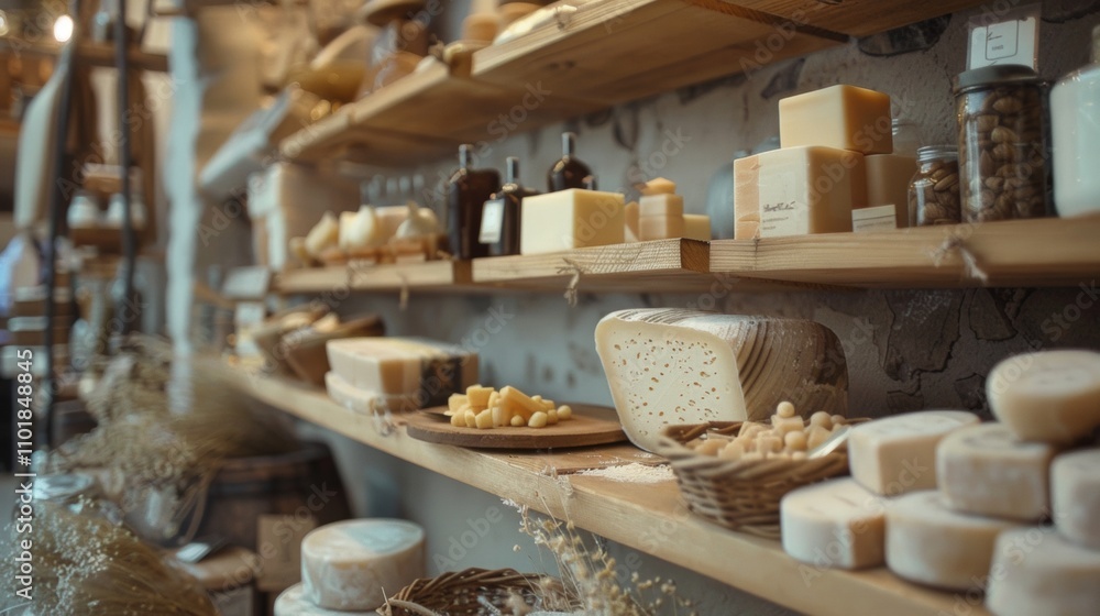 Naklejka premium Artisan cheese display with natural wooden shelves