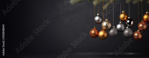 Obraz na płótnie Christmas baubles hanging on a dark background. Beautiful and Elegant Holiday Ornaments are Hanging Gracefully on a Dark Background. Christmas banner with copy space. w salonie