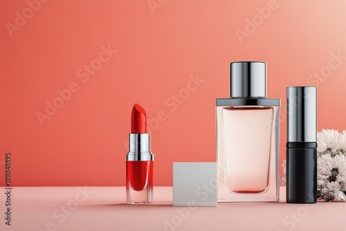 Elegant display of beauty products on a pastel background with soft floral ac...