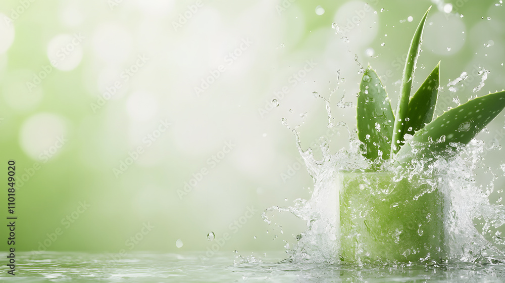 Aloe vera leaves with water splashing around create refreshing scene. vibrant green color and dynamic movement evoke sense of vitality and nature beauty Aloe vera leaves with water splashing around create refreshing scene. vibrant green color and dynamic movement evoke sense of vitality and nature beauty
