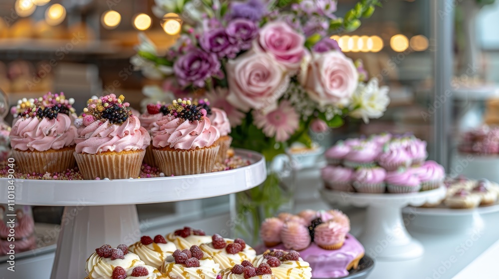 Charming bakery window showcasing delightful easter pastries, cakes, and colorful cupcakes Charming bakery window showcasing delightful easter pastries, cakes, and colorful cupcakes