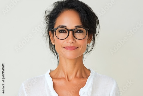 Portrait of a woman wearing glasses in a neutral tone setting with a serene expression