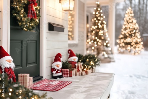 Festive holiday decorations illuminate a cozy porch during winter