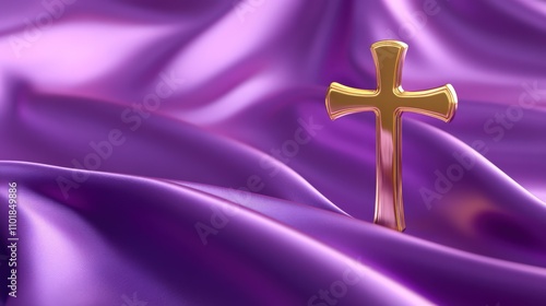 Christian Cross in Waving Satin on Liturgic Violet Purple Background. Church Sermon Concept for Lent and Advent Symbolizing Penance photo