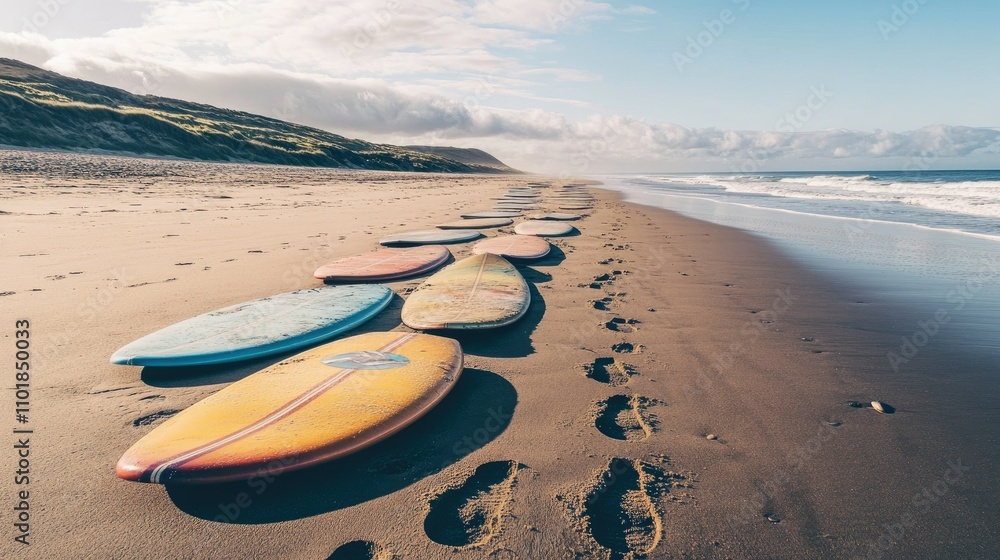 Obraz premium Multiple sets of footprints leading to a group of surfboards resting on the beach.
