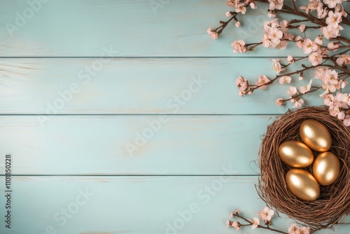 Golden eggs in a nest surrounded by cherry blossom branches on a light blue b...