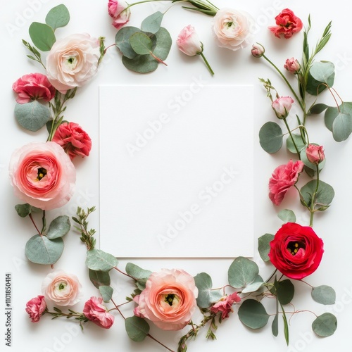 Floral arrangement with empty square space for text surrounded by vibrant blooms