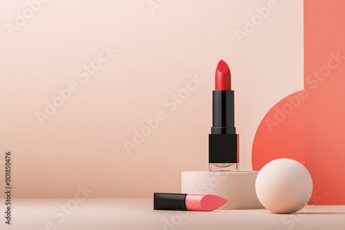 Stylish makeup display featuring red lipstick and cream blush against soft ba...
