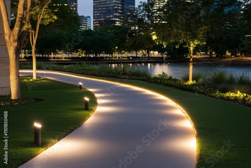 Evening stroll along a beautifully lit wooden pathway in a serene park