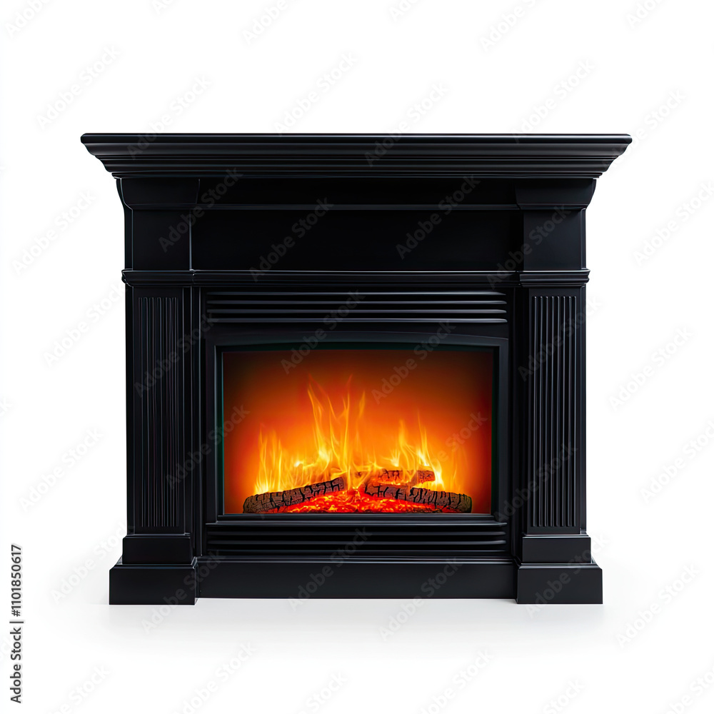 Elegant black fireplace with glowing flames isolated on white background Elegant black fireplace with glowing flames isolated on white background