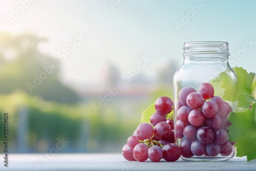 Fresh grapes in a jar on a wooden table with vineyard backdrop in daylight