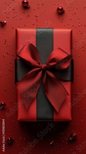 Festive red gift wrapped in satin ribbon on a vibrant background for special ...