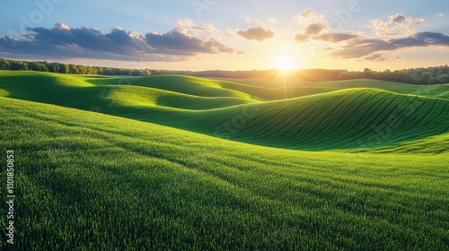 Serene Landscape of Fresh Green Hills Under a Beautiful Sky with Soft Clouds and Golden Sunset Light Illuminating the Rolling Terrain in a Peaceful Rural Setting