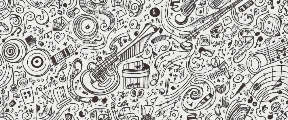 Dynamic and artistic backdrop created by a seamless pattern of hand drawn musical instruments, notes, and symbols Dynamic and artistic backdrop created by a seamless pattern of hand drawn musical instruments, notes, and symbols
