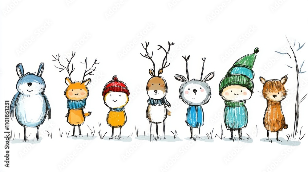 Cute Hand-Drawn Animals in Winter Attire with Scarves, Hats, and Smiles for Kids' Illustrations Cute Hand-Drawn Animals in Winter Attire with Scarves, Hats, and Smiles for Kids' Illustrations