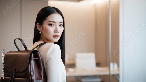 Elegant Chinese Woman in Minimalist Office Setting with Luxury Backpack