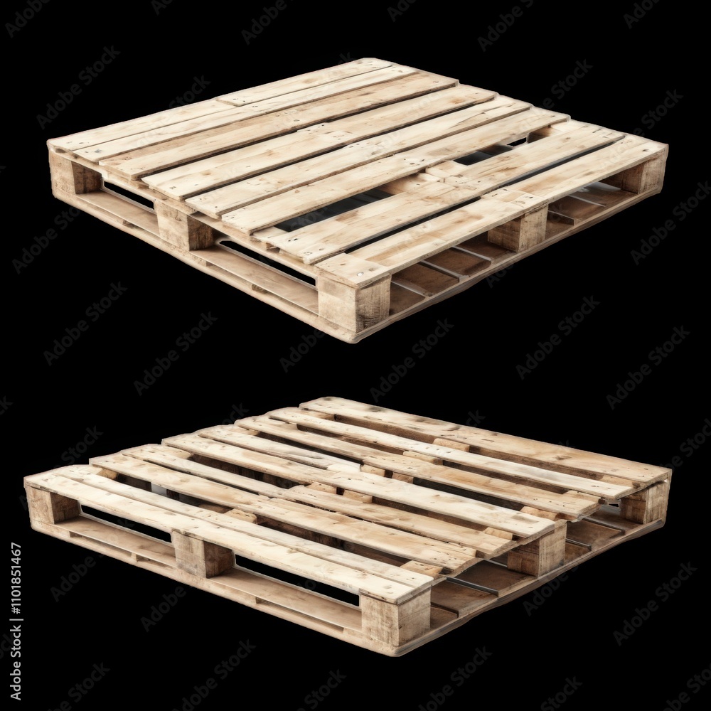 Two different views of empty wooden pallets isolated on black background, ready for shipping and transport Two different views of empty wooden pallets isolated on black background, ready for shipping and transport