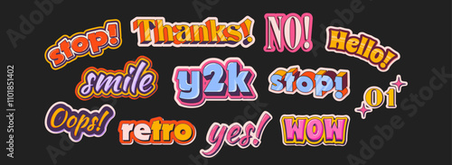 Colorful Retro Groovy Typography Sticker Pack Design. Collection of retro Y2K-inspired typography stickers with bold, playful designs and bright colors. Retro modern nostalgia.